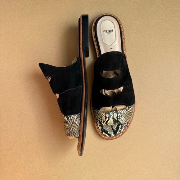 Authentic Fendi Black Suede And Python Cut Out Flat Sandals size 41 - Picture 3 of 10